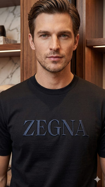 Men’s Premium Black Embossed Logo T-Shirt  Luxury Round Neck Casual Tee