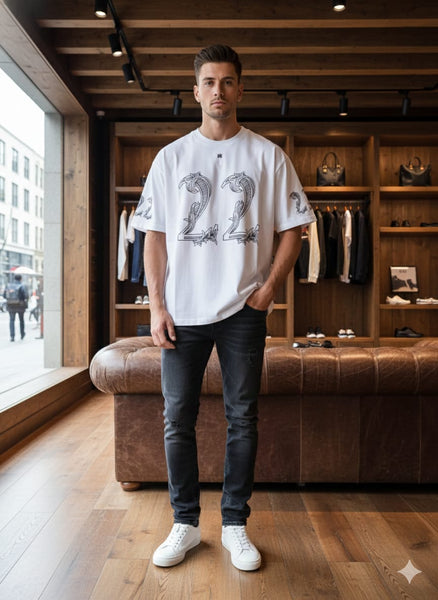 Men’s Premium White 22 Number Print T-Shirt Oversized Round Neck Casual Tee