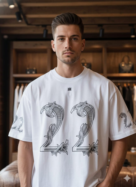 Men’s Premium White 22 Number Print T-Shirt Oversized Round Neck Casual Tee