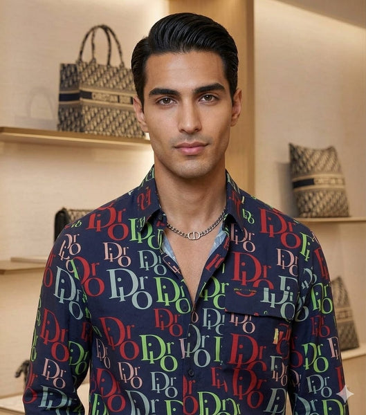 Luxury Monogram Print Designer Shirt  Premium Navy Blue Casual Wear