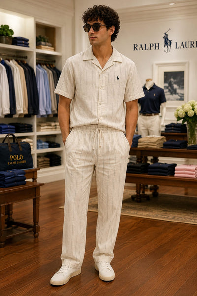 Premium Cream  Striped Casual Shirt and Trouser Co-Ord Set