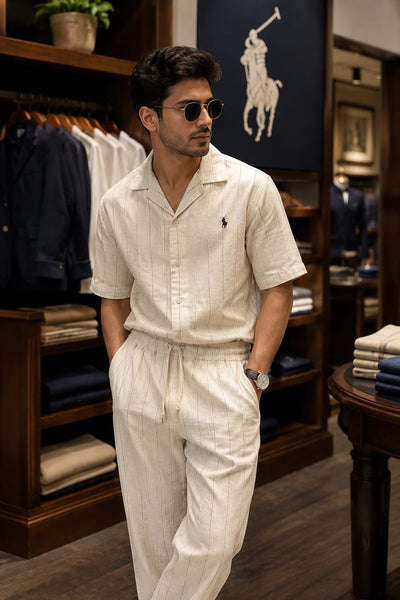 Premium Cream  Striped Casual Shirt and Trouser Co-Ord Set