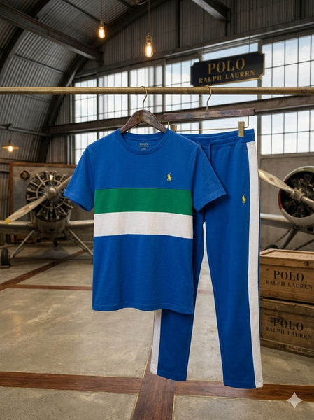 Premium Blue Color-Block Casual T-Shirt & Track Pant Set