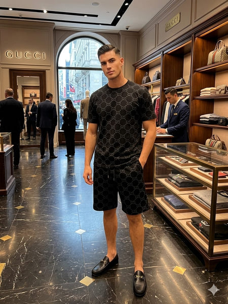 Luxury Black Monogram Co-Ord Set for Men  Premium T-Shirt & Shorts