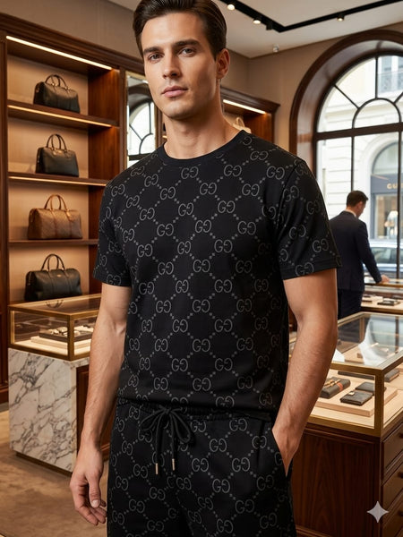 Luxury Black Monogram Co-Ord Set for Men  Premium T-Shirt & Shorts