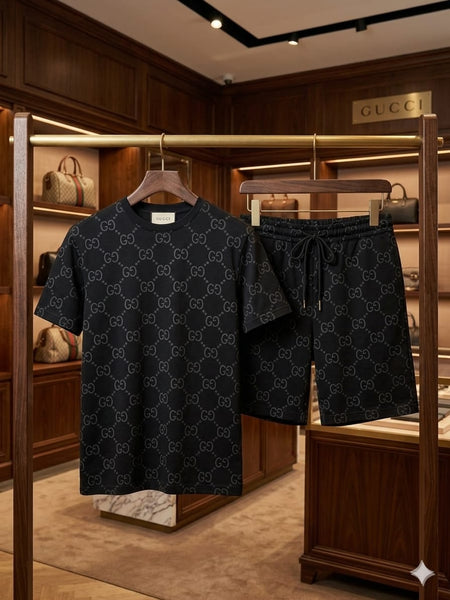 Luxury Black Monogram Co-Ord Set for Men  Premium T-Shirt & Shorts