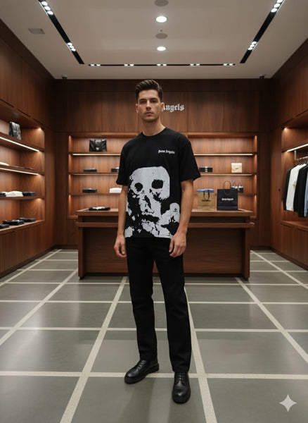 Men's Black Oversized Skull Graphic Print T-Shirt Premium Streetwear Round Neck Tee