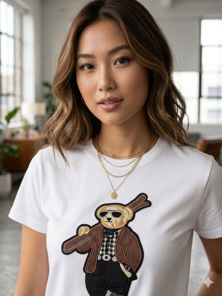 Women’s Premium White Embroidered T-Shirt Trendy Teddy Bear Casual Tee