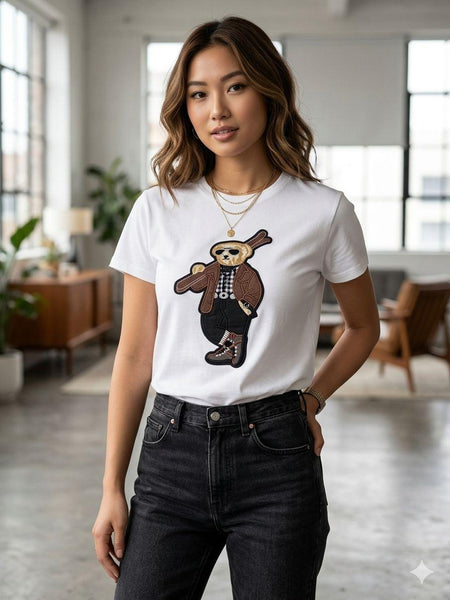 Women’s Premium White Embroidered T-Shirt Trendy Teddy Bear Casual Tee