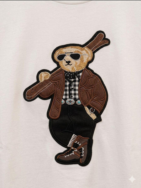Women’s Premium White Embroidered T-Shirt Trendy Teddy Bear Casual Tee
