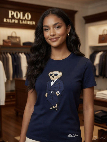 Women's Elegant Bear Embroidered Navy Blue T-Shirt