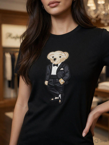 Women's Premium Teddy Bear Embroidered  Black T-Shirt