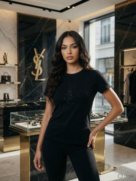 Women's Premium Black Rhinestone Logo T-Shirt