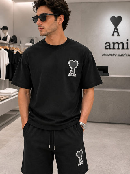 Premium Black Heart Logo T-Shirt & Shorts Co-Ord Set for Men