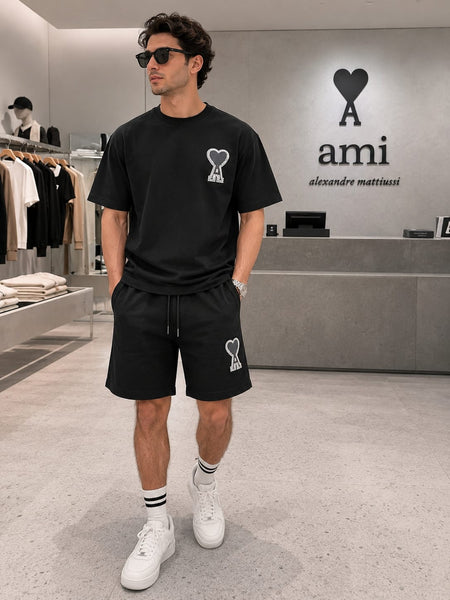 Premium Black Heart Logo T-Shirt & Shorts Co-Ord Set for Men