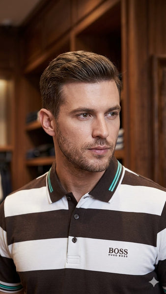 Men's Premium Brown & White Striped Polo T-Shirt – Classic Casual Fit