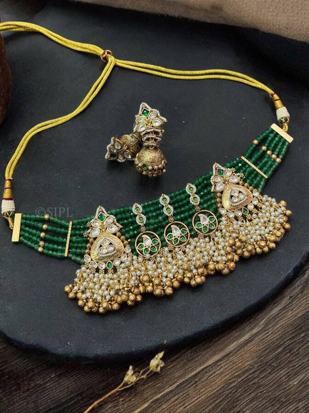 Gold Plated Traditional Kundan & Pearl Studded Choker Necklace Set for Girls& Women