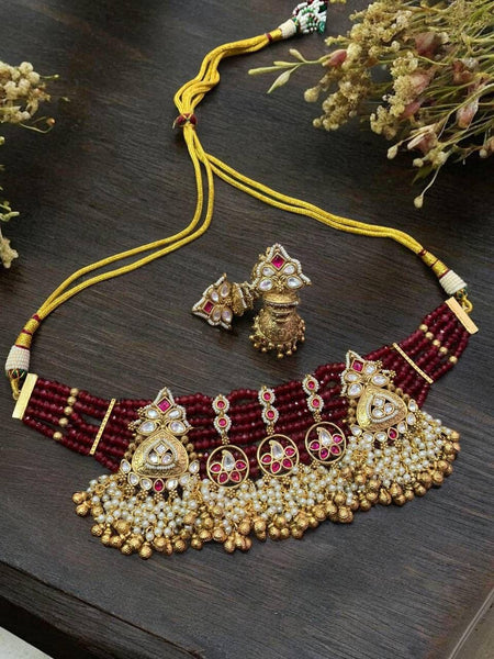 Gold Plated Traditional Kundan & Pearl Studded Choker Necklace Set for Girls& Women