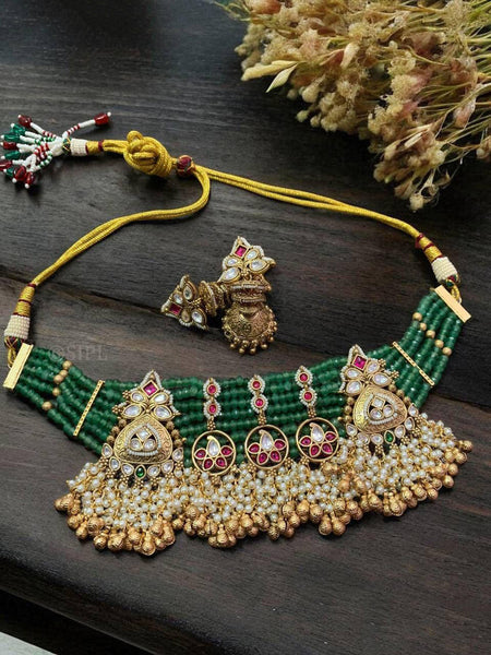 Gold Plated Traditional Kundan & Pearl Studded Choker Necklace Set for Girls& Women