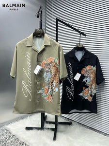 Imported  Tiger-Print Cuban Collar Drop Shoulder Shirt