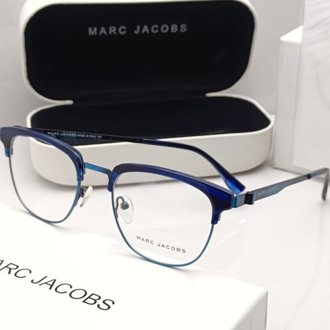 Blue Marc Jacobs eyeglasses with case and pouch on a white background