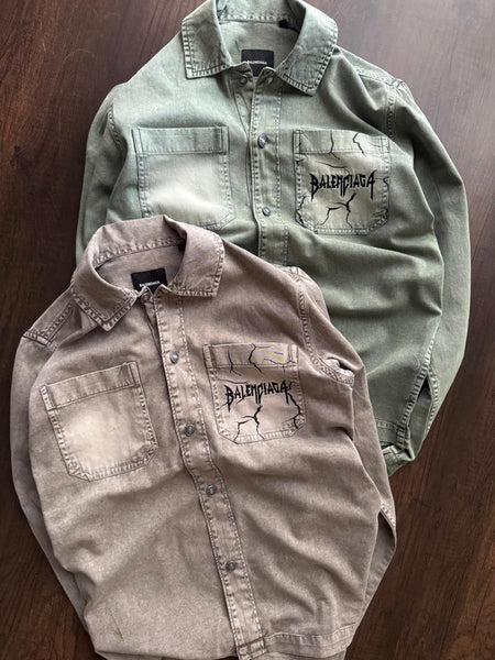 Luxury Balenciaga Vintage-Wash Denim Shirt with Logo Pocket Detail