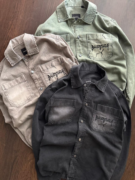 Luxury Balenciaga Vintage-Wash Denim Shirt with Logo Pocket Detail