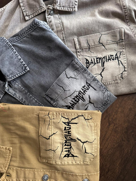 Luxury Balenciaga Vintage-Wash Denim Shirt with Logo Pocket Detail