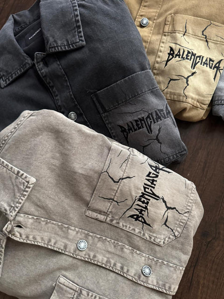 Luxury Balenciaga Vintage-Wash Denim Shirt with Logo Pocket Detail