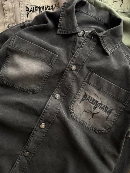 Luxury Balenciaga Vintage-Wash Denim Shirt with Logo Pocket Detail