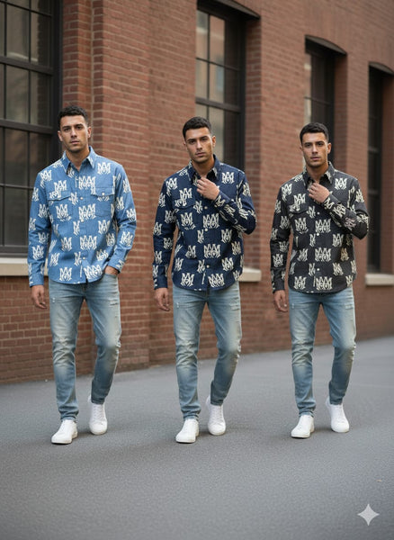 Luxury Branded Monogram Printed  Denim Shirt