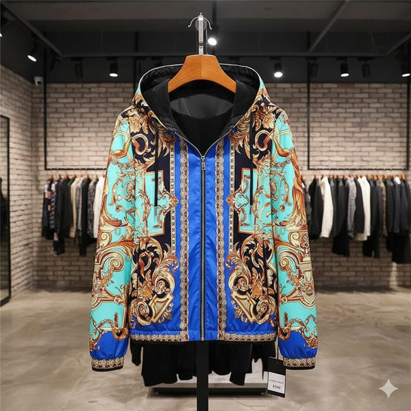 Premium Baroque Printed Blue Golden Zip Up  Hoodie Jacket