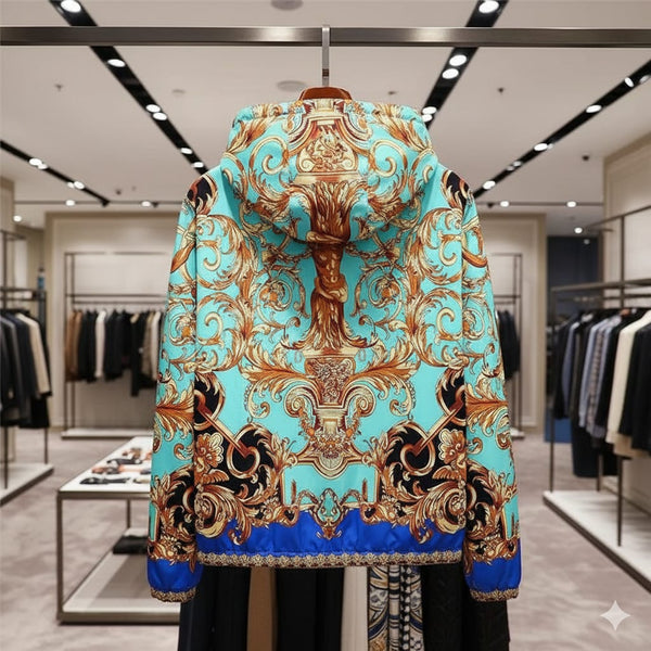 Premium Baroque Printed Blue Golden Zip Up  Hoodie Jacket