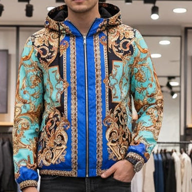 Premium Baroque Printed Blue Golden Zip Up  Hoodie Jacket