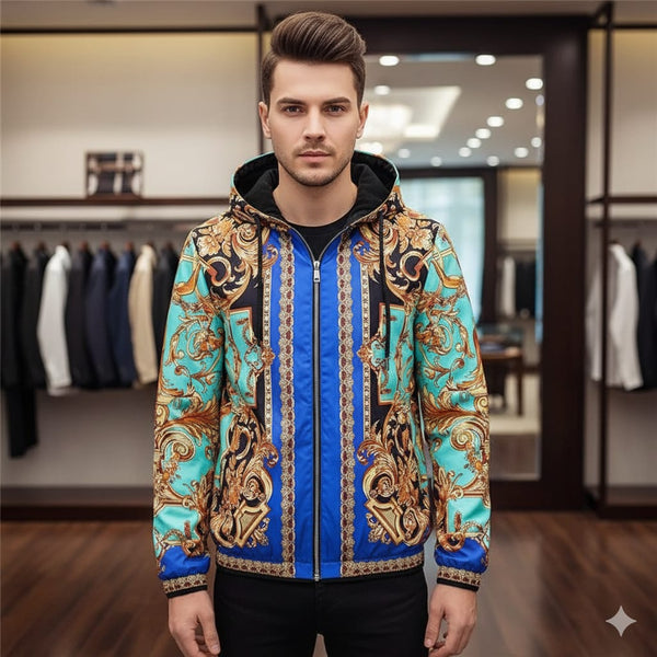 Premium Baroque Printed Blue Golden Zip Up  Hoodie Jacket