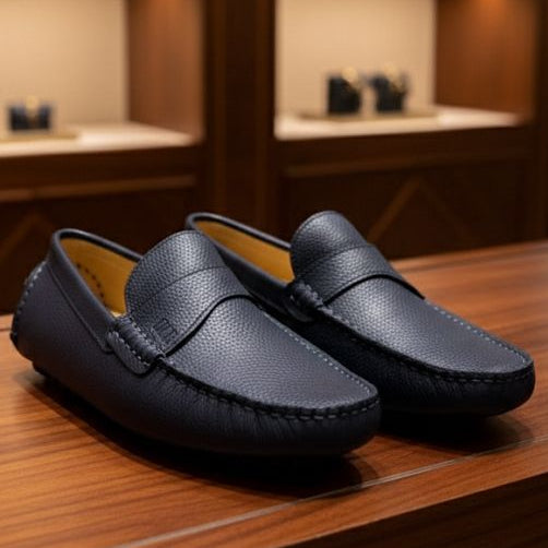 Navy Blue Luxe Leather Driving Loafers