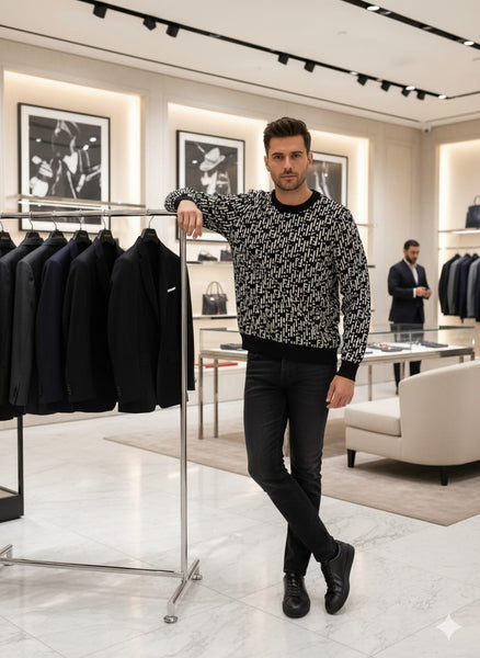 Luxury  Black & White All-Over Monogram Knit Pullover