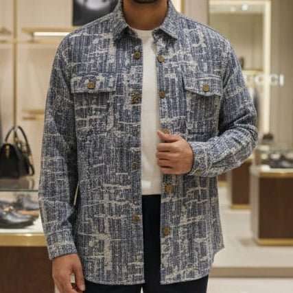 Luxury Textured Blue Long Sleeve Shirt for Men