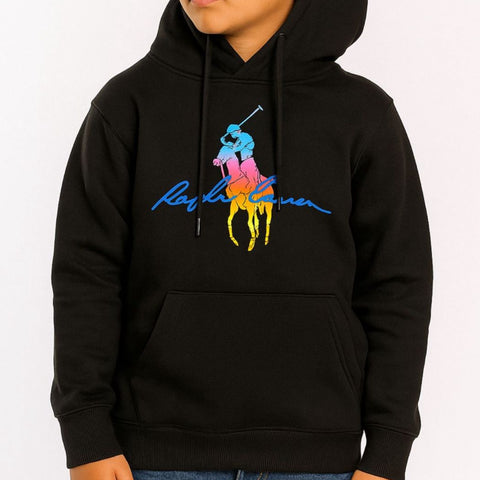 Kids Black Hoodie with Multicolor Polo Rider Print  Stylish & Comfortable