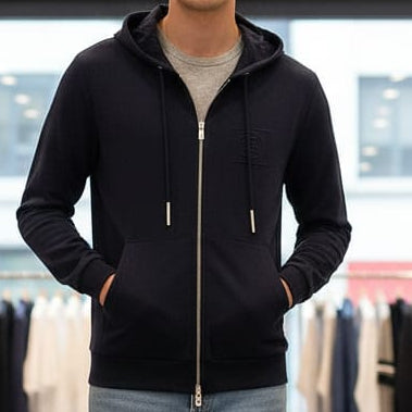 Premium Navy Blue Zip-Up Hoodie with Modern Minimal Design