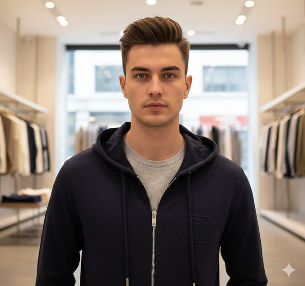 Premium Navy Blue Zip-Up Hoodie with Modern Minimal Design