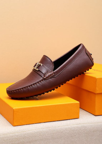Men’s Brown Leather Slip-On Loafers with Metal Logo Premium Classic Style