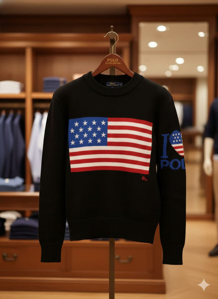 Men’s Premium Black American Flag Knit Sweater