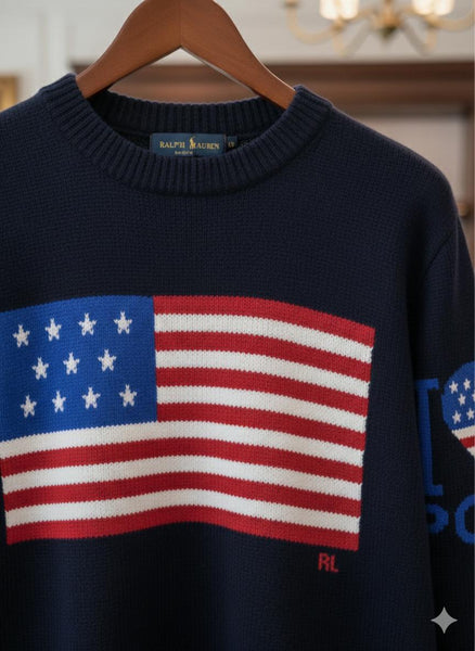 Luxury  Blue Knit Pullover  with Classic American Flag Design