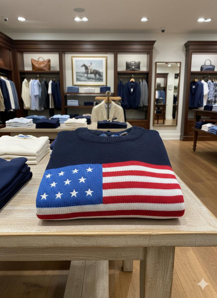 Luxury  Blue Knit Pullover  with Classic American Flag Design