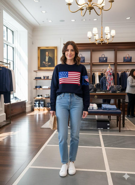 Luxury  Blue Knit Pullover  with Classic American Flag Design