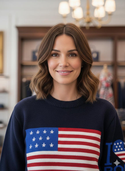 Luxury  Blue Knit Pullover  with Classic American Flag Design