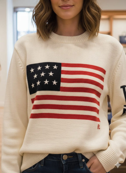 White Knit Sweater with Classic American Flag Design