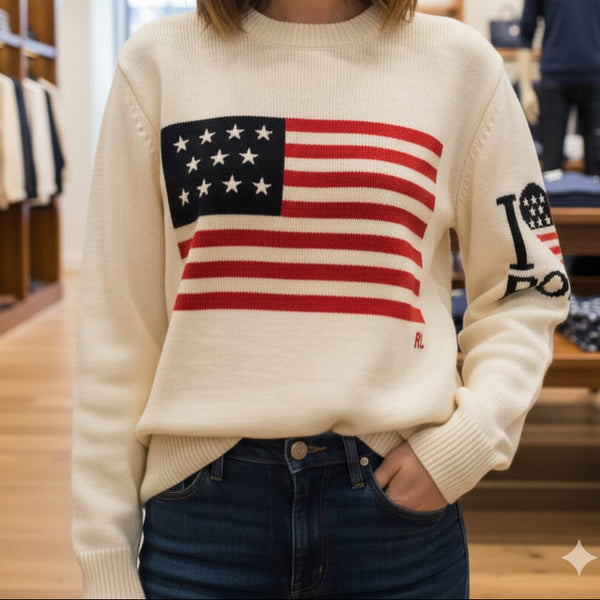 White Knit Sweater with Classic American Flag Design