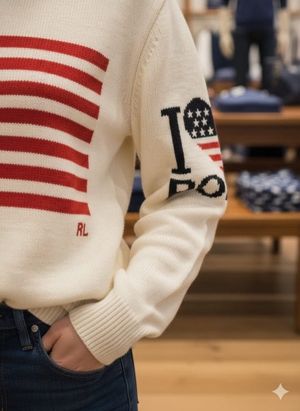 White Knit Sweater with Classic American Flag Design